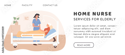 Doctor or home nurse visit patient at old age home. Medical worker working at private hospital. Sick senior woman lying on bed. Home care services for elderly people. Residential care facility. Vector