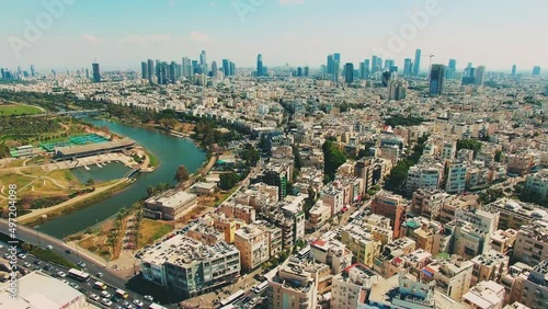 Aerial of Tel Aviv city skyline, Hayarkon river, Israel. photo