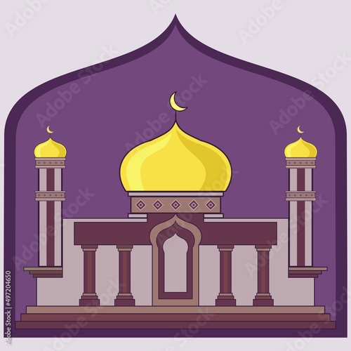 Cute cartoon mosque. Ramadan kareem. Happy Ied Mubarak. Islamic card. Vector illustration for sticker or icon