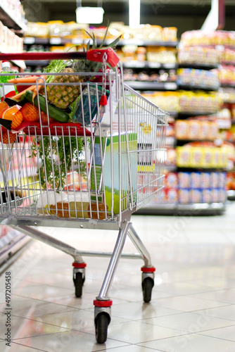 Canvastavla In the supermarket. A shopping cart filled with fresh groceries.