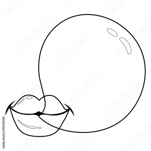Lips blowing a bubblegum bubble. Vector black and white coloring page