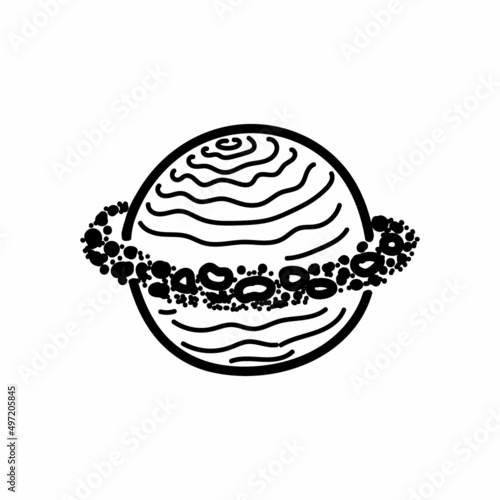 A simple icon of a planet with an asteroid belt, a hand-drawn sketch of a doodle-style element. Space. Phaeton. Planet. Solar system. Isolated vector illustration.