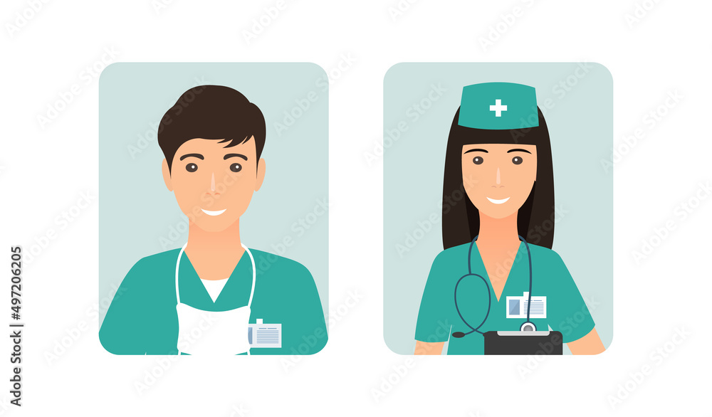 Fototapeta premium Avatars nurse in uniform. Medic male and female icons. Faces man and woman medical specialist with stethoscope. Flat design. Vector illustration.