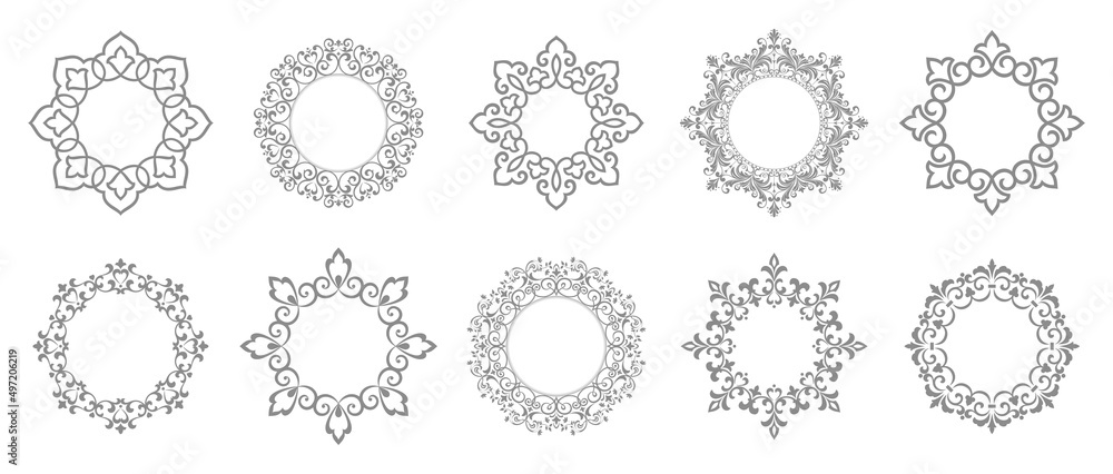 Set of decorative frames Elegant vector element for design in Eastern style, place for text. Floral gray and white borders. Lace illustration for invitations and greeting cards Set of decorative frames Elegant vector element for design in Eastern style, place for text. Floral gray and white borders. Lace illustration for invitations and greeting cards