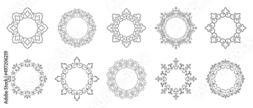 Set of decorative frames Elegant vector element for design in Eastern style  place for text. Floral gray and white borders. Lace illustration for invitations and greeting cards