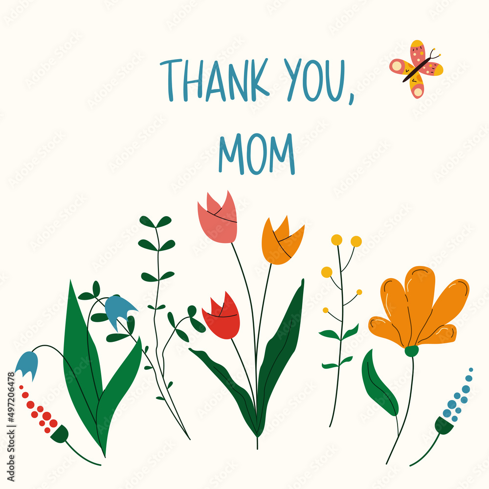 Vecteur Stock Thank you mom floral greeting card. Happy Mother's day background with cute rustic
