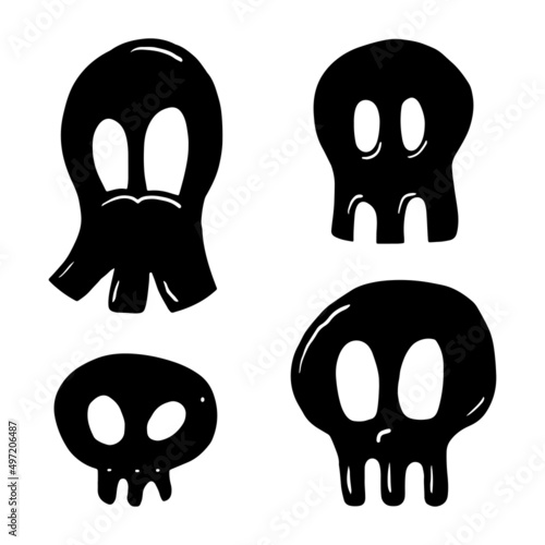 Hand drawn cute black skull doodle set. Comic head bone pirate icons. Marine sea piracy symbol, sign, tattoo. Vector illustration isolated on white background