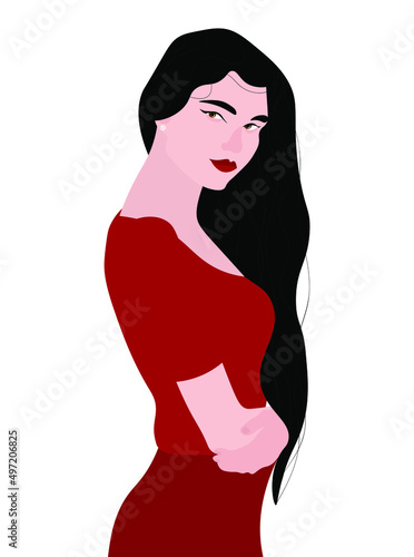 An Asian girl with a pearl earring and in a red suit with her long hair flowing.