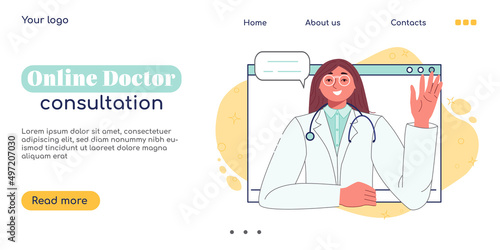 Online medical consultation, remote therapy, support banner. Online doctor. Female physician character in computer screen. Healthcare services, tele medicine landing page design. Vector illustration