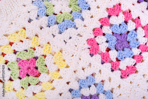 Closeup of granny square crochet knitting