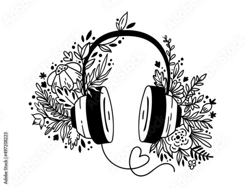 Headphones and wildflowers hand drawn isolated clip art on white, Floral earphones in line, Music lover composition for DIY gift, Headset with flowers black and white vector