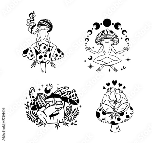 Funny frog isolated clip arts bundle, Hiipie smoking frog, Yoga mystical frog and moon phases, Insane toad and mushrooms, couple of frogs in love, Hand drawn vector
