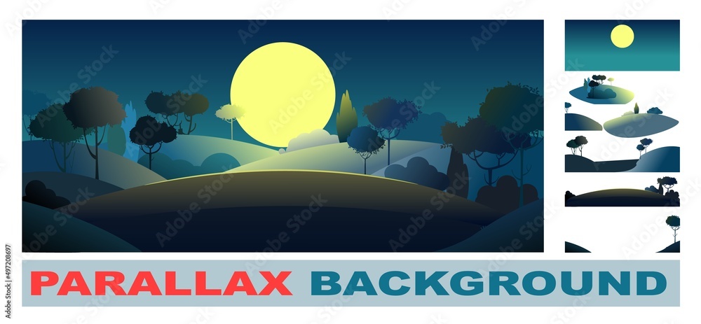 custom made wallpaper toronto digitalSilhouette night landscape. Set for parallax effect. Big moon. Moonlight. Darkness. Cartoon style. Hills with grass and trees. Dark Bushes. Cool romantic pretty. Flat design background illustration