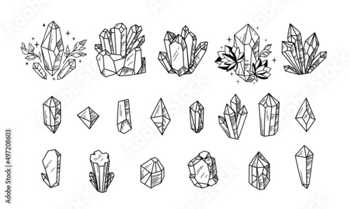 Mystical crystals or diamonds isolated cliparts bundle, floral magic hand drawn crystals, line gem stones isolated items on white, whimsical esoteric objects - vector