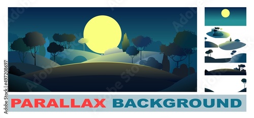 Silhouette night landscape. Set for parallax effect. Big moon. Moonlight. Darkness. Cartoon style. Hills with grass and trees. Dark Bushes. Cool romantic pretty. Flat design background illustration