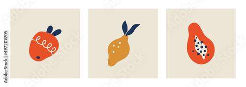 Matisse abstract apple, lemon and papaya fruit. Contemporary art print. Collection of minimalist art. Poster with organic fruit blobs. Vector illustration isolated.