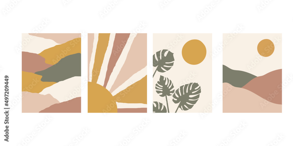 Collection of modern minimalist abstractions in boho style: sunset or sunrise, monstera leaves with sun, hills and landscape on a beige background