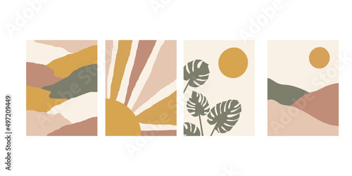 Collection of modern minimalist abstractions in boho style: sunset or sunrise, monstera leaves with sun, hills and landscape on a beige background