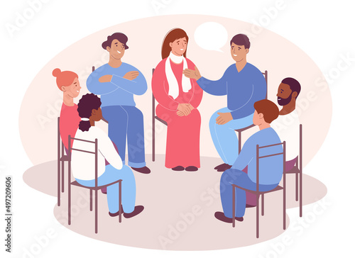 People are sitting in a circle on chairs. Concept of group therapy, Addiction treatment, group psychotherapy session.