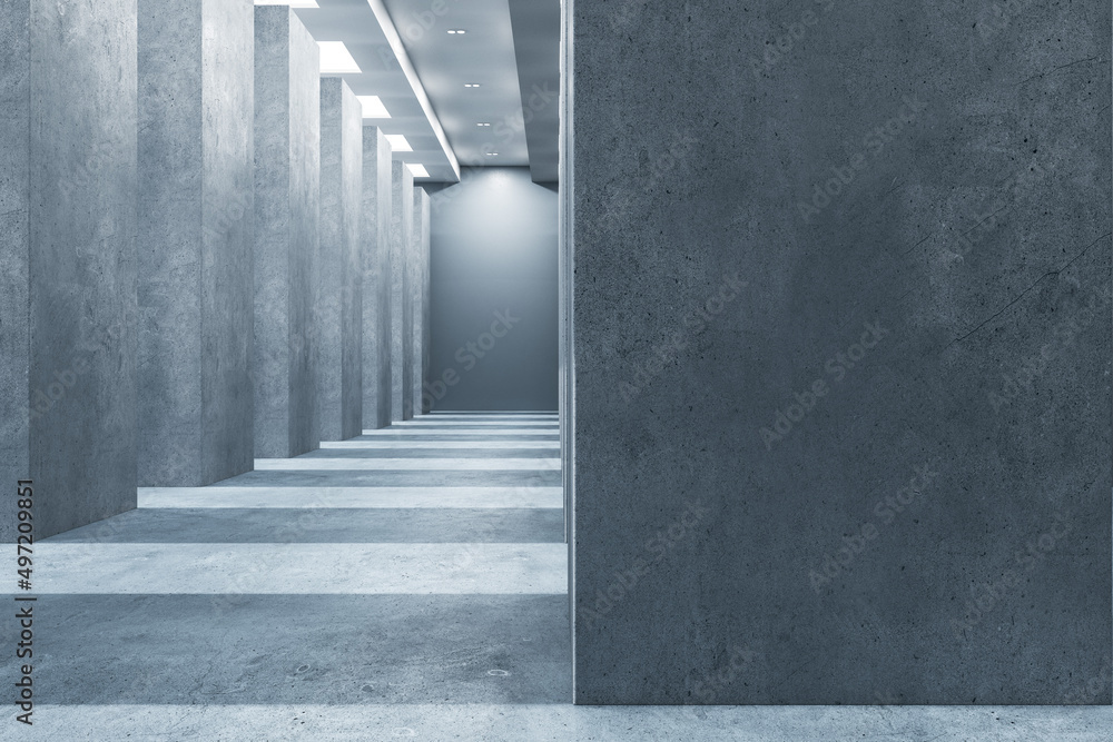 Modern concrete corridor interior with clean mock up place on wall, pillars and daylight. 3D Rendering. Modern concrete corridor interior with clean mock up place on wall, pillars and daylight. 3D Rendering.