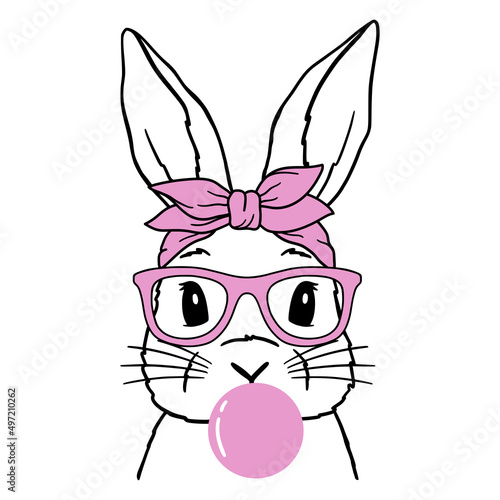 Cute Rabbit Line Art. Bunny With  Bandana, glasses and Bubble gum. Easter Bunny. Bunny sketch vector illustration. Good for posters, t shirts, postcards.
