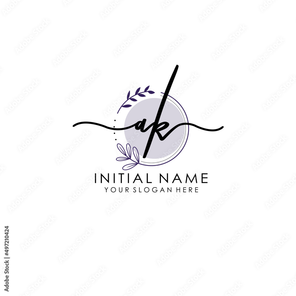 Fototapeta premium AK Luxury initial handwriting logo with flower template, logo for beauty, fashion, wedding, photography