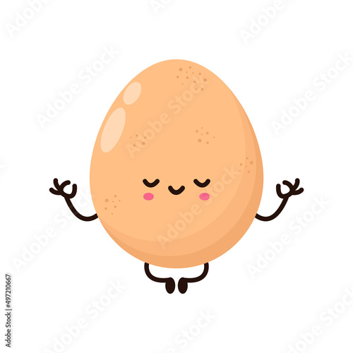 Funny cartoon egg levitating in lotus pose, Cute happy chicken egg meditate in yoga pose, icon cartoon character Vector flat illustration isolated on white background