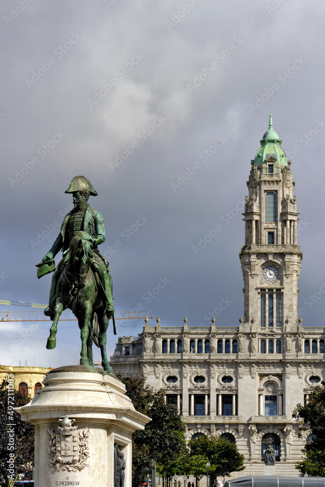 monument of King Peter IV and Porto city hall in Porto, Portugal