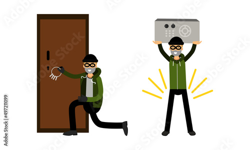 Masked thief committing robbery and breaking into house set. Criminal characters stealing money vector illustration
