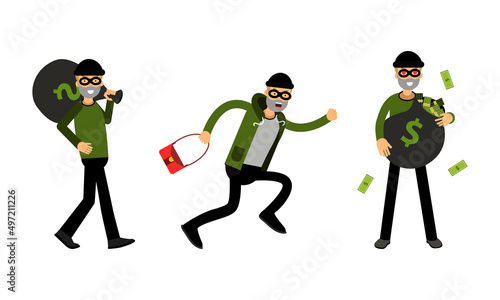 Masked thief robber stealing money set. Criminal characters committing robbery with money bags vector illustration
