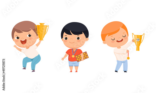 Cute happy boys champions set. Adorable kids celebrating success cartoon vector illustration