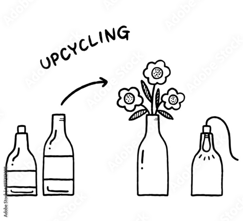 空き瓶を花瓶とボトルライトにアップサイクルするイラスト