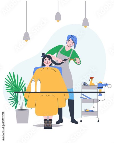 Master hairdresser cuts hair. A client is getting a haircut by a stylist. Work in a beauty salon. Flat illustration. Eps10 photo