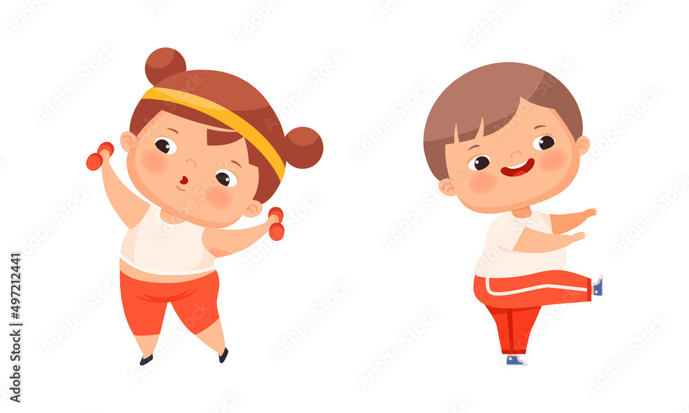 Happy overweight kids doing different activities set. Cute boy and girl doing sports exercise cartoon vector illustration Happy overweight kids doing different activities set. Cute boy and girl doing sports exercise cartoon vector illustration