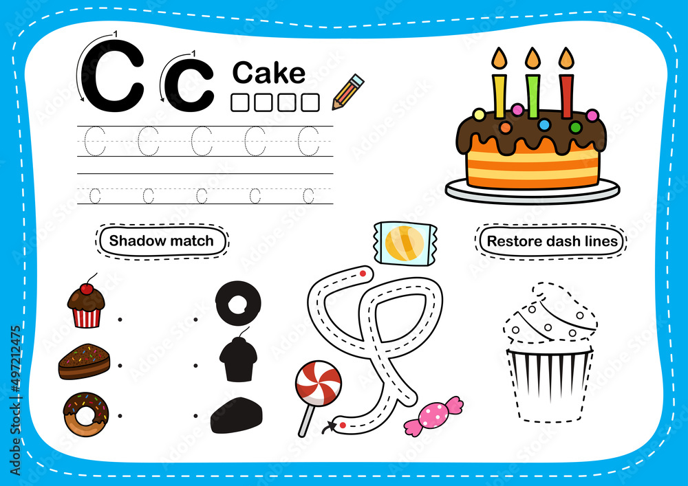 Alphabet Letter C Cake exercise with cartoon vocabulary illustration