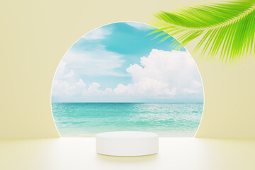 3d podium on yellow color and tropical beach with blue sky white clouds and palm leaves abstract background. Copy space of product presentation and summer nature concept.