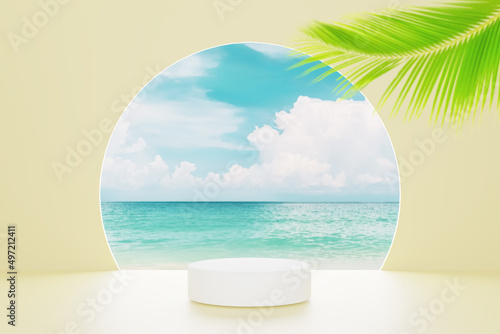 Fototapeta Naklejka Na Ścianę i Meble -  3d podium on yellow color and tropical beach with blue sky white clouds and palm leaves abstract background. Copy space of product presentation and summer nature concept.