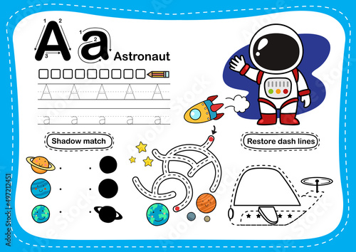 Alphabet Letter A - Astronaut exercise with cartoon vocabulary illustration, vector