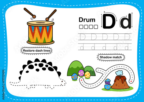 Alphabet Letter D - Drum exercise with cartoon vocabulary illustration, vector