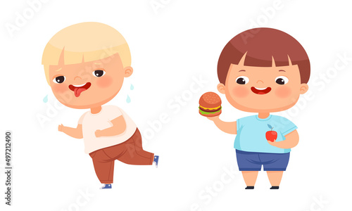 Happy overweight kids doing different activities set. Cute boys running and eating cartoon vector illustration