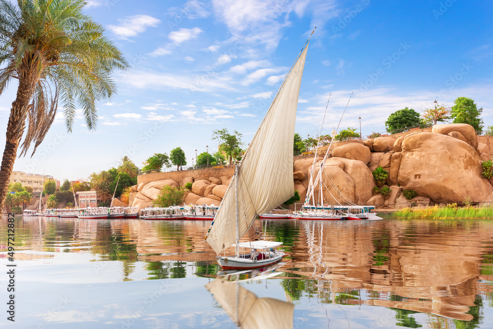 The Nile and Sailboats in front of Traditional buildings of Aswan, Egypt
