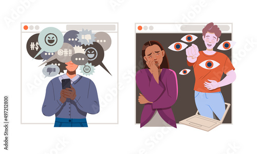 Cyberbullying in social networks. Stressed people reading messages suffering from online abuse and violence cartoon vector illustration