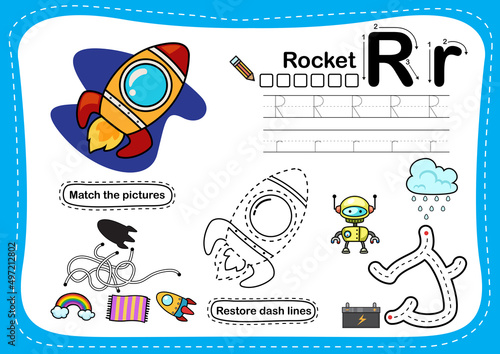 Alphabet Letter R - Rocket exercise with cartoon vocabulary illustration, vector