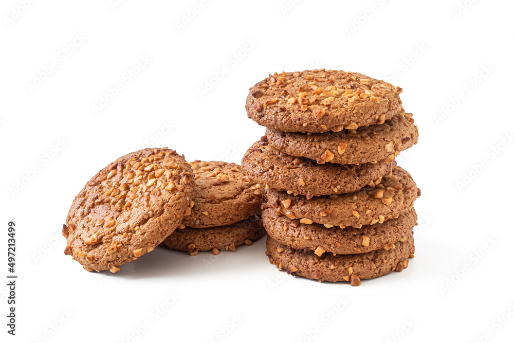 Round oatmeal cookies with peanuts on a white background