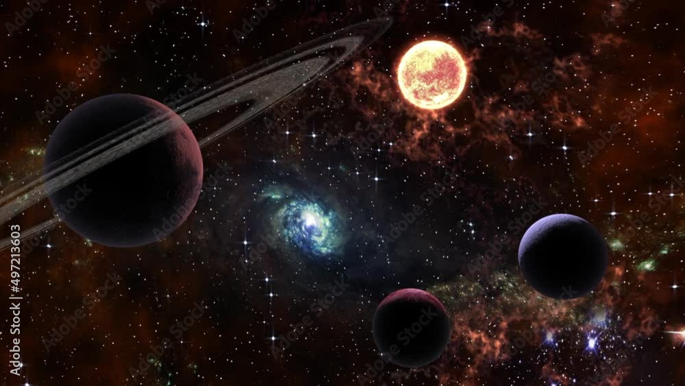 Space flight slowly moving through universe among planets galaxies stars and nebulae