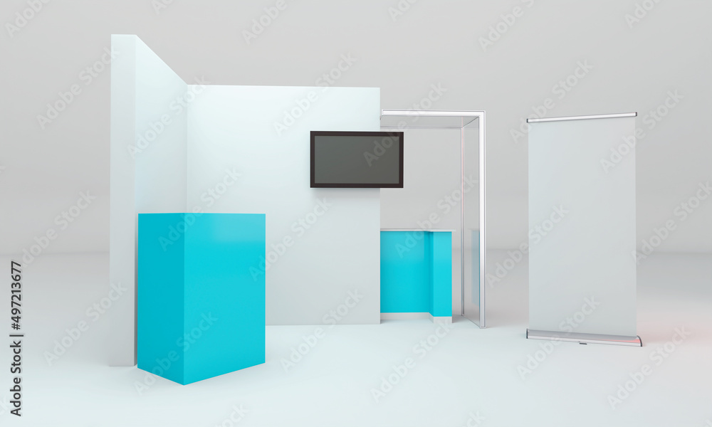 Booth 3d Mockup, Retail Trade Stand, Turqoise Advertising POS Counter, 3D rendering Booth 3d Mockup, Retail Trade Stand, Turqoise Advertising POS Counter, 3D rendering