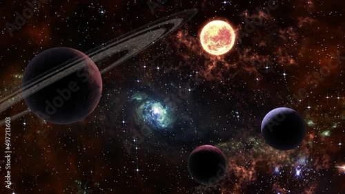 Space flight slowly moving through universe among planets galaxies stars and nebulae