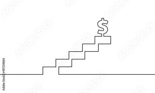 Continuous line drawing of stairs with dollar, business growth, growth graph ladder, object one line, single line art, vector illustration