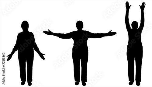 A woman performs physical exercises while standing still: arms down, arms at the sides, raised up. The women raise both hands simultaneously. Front view. Three silhouettes are isolated on a white.