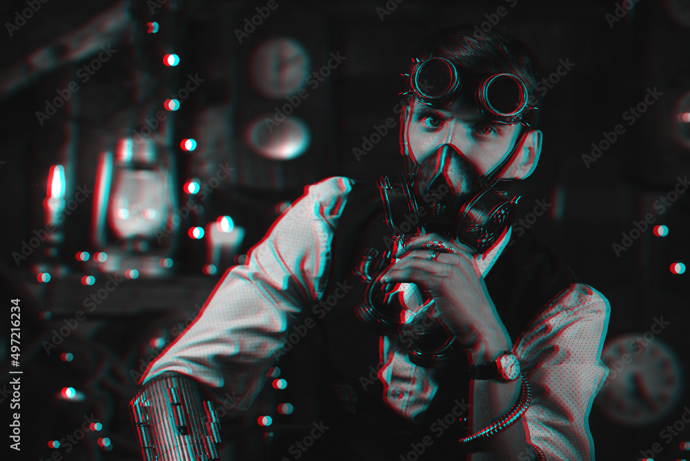 steampunk man in cyberpunk glasses and gas mask cosplays a virtual character of computer game. Black and white 3d concept with glitch effect steampunk man in cyberpunk glasses and gas mask cosplays a virtual character of computer game. Black and white 3d concept with glitch effect